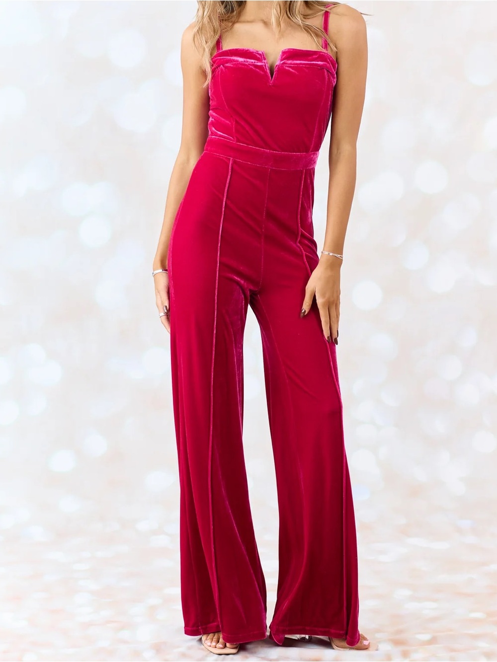 New Raspberry Split Neck Flare Leg Velvet Jumpsuit size medium
